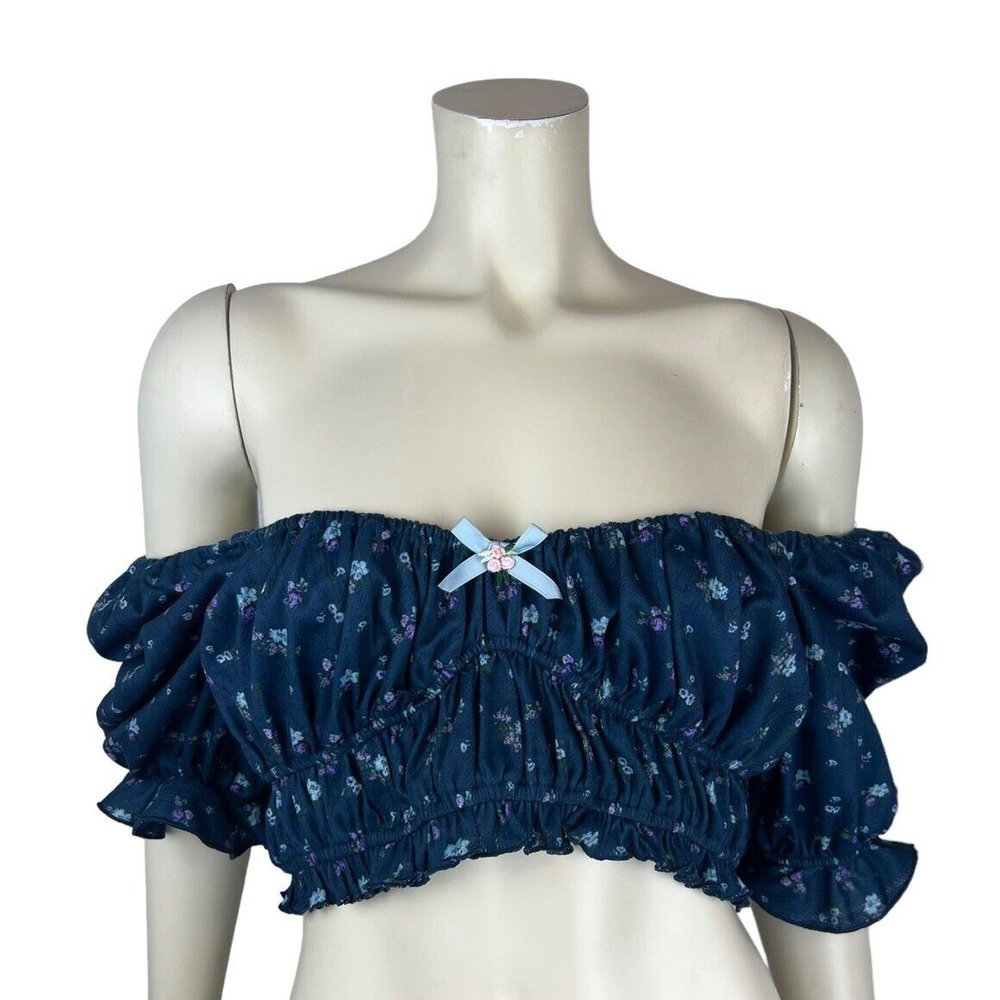 For Love & Lemons Navy Floral Off-Shoulder Crop Top